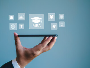 MBA education including graduation cap, goals, light bulb, teamwork and books. Virtual icons. MBA education concept.