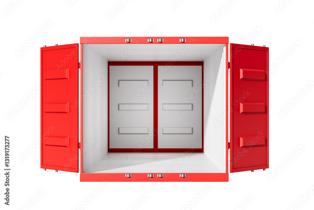Poster open red shipping container with interior view, isolated on white background. the container has open