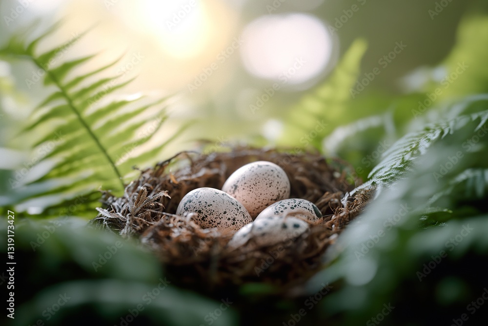 Poster dinosaur eggs rest gently within a hidden nest, surrounded by dense ferns and enveloped in a soft mo