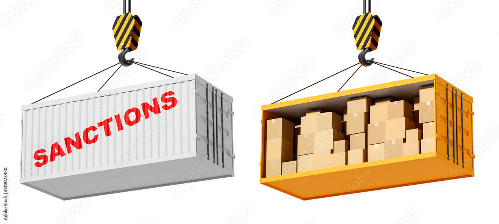 Poster two suspended shipping containers isolated on white background, one labeled sanctions and the other 