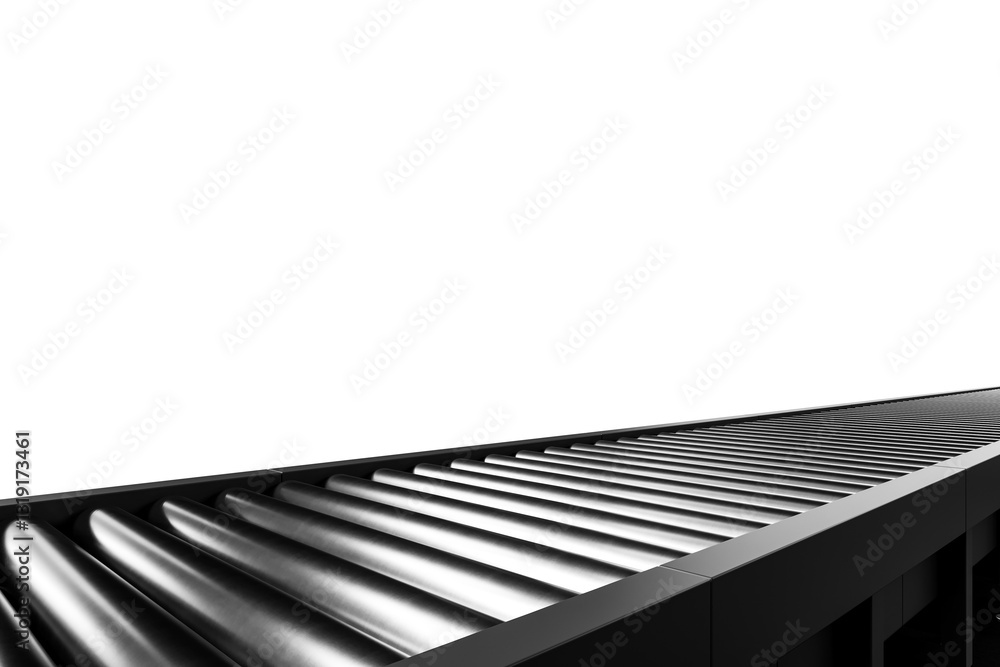 Poster industrial conveyor roller system isolated on white background, showcasing a clean and modern design