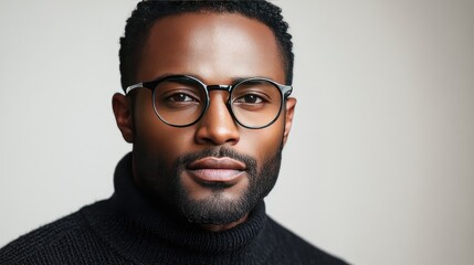 Obraz premium A young Black man wearing round glasses and a black turtleneck sweater is posing thoughtfully against a light gray background.