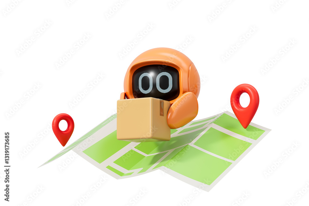 Poster small orange delivery robot holding a package, hovering above a green navigation map with red locati