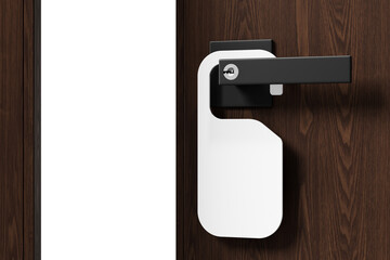 Blank white door hanger on a sleek modern handle, attached to a wooden door. The clean design is perfect for customization or branding. 3D Rendering