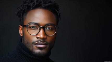 Obraz premium A young Black man wearing round glasses and a black turtleneck sweater is posing thoughtfully against a light gray background.