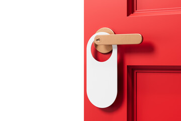 Blank white door hanger on golden handle of red door, isolated on white background. Concept of hotel, privacy, or message signage. 3D Rendering