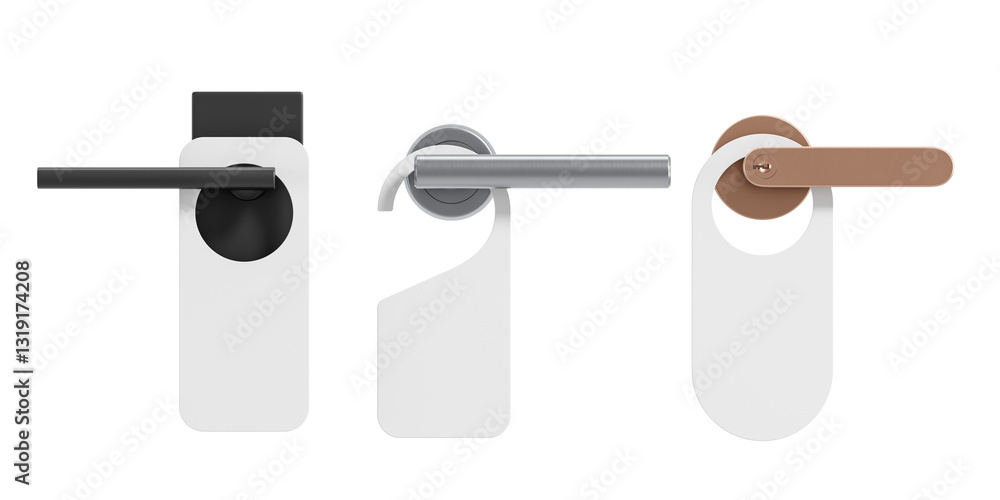 Poster three different door handles with empty white door hangers attached, isolated on a white background.
