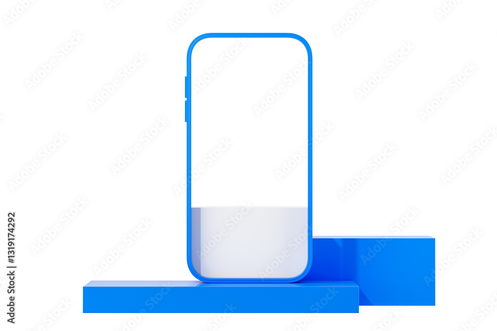Poster modern smartphone mockup with blue frame and empty screen on geometric blue podium, isolated on whit