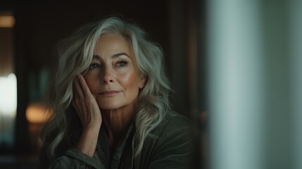A contemplative portrait of a middle-aged woman with silver hair, resting her hand on her face, expressing depth and wisdom against a softly lit backdrop.