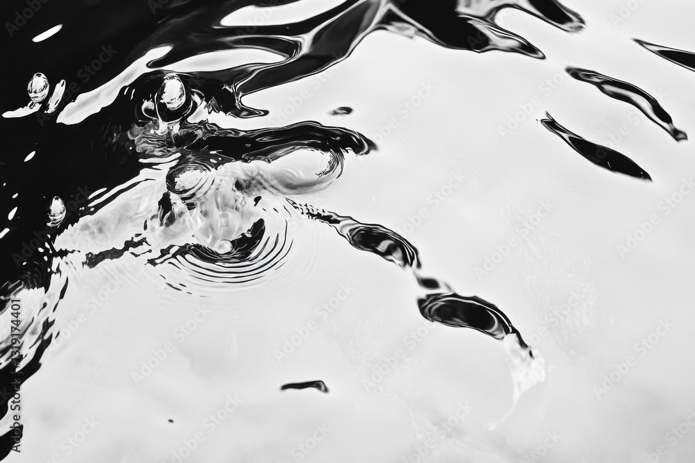 Poster water droplet splashing in a pond, creating distinct circular ripples that reflect the surrounding l