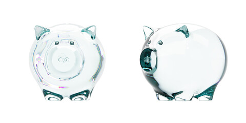 Two transparent glass piggy banks isolated on a white background, reflecting light. A creative concept symbolizing savings, finance, and wealth. 3D Rendering
