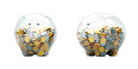 Two transparent glass piggy banks filled with gold and silver coins, isolated on a white background. Financial savings and wealth accumulation concept. 3D Rendering
