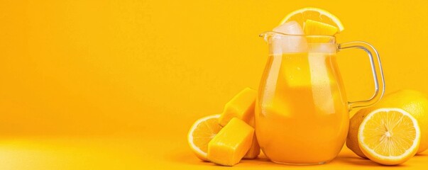 A vibrant pitcher of lemonade surrounded by fresh lemons and ice, set against a bright yellow background, evoking a refreshing summer vibe.