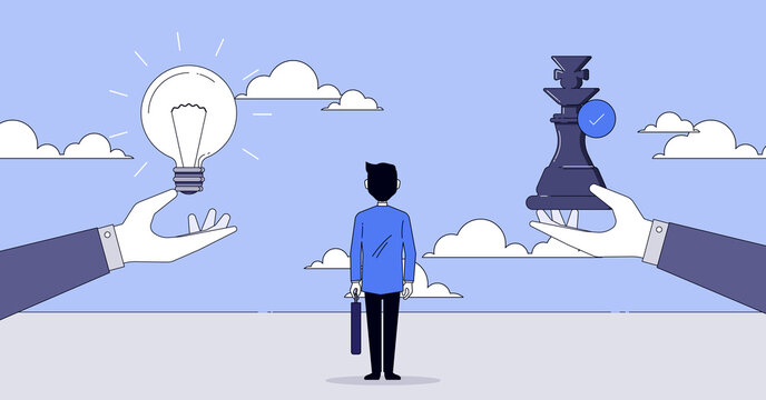 Ilustraci&oacute;n de empresario eligiendo entre innovaci&oacute;n y estrategia para el &eacute;xito y el crecimiento Esta ilustraci&oacute;n transmite temas de ejecuci&oacute;n estrat&eacute;gica, &eacute;xito empresarial y toma de decisiones