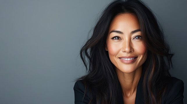 A charming woman with flowing hair smiles softly, showcasing a warmth and genuine approachability, set against a neutral backdrop that highlights her inviting presence beautifully.