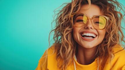 A vibrant young woman with curly hair beams with joy while wearing stylish yellow sunglasses, embodying a carefree summer spirit in this lively portrait against a teal backdrop.