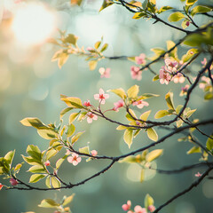 Macro shot with sunlit spring branches with delicate pink blossoms and fresh green leaves. Warm nature light filters through tree branches.Generative ai
