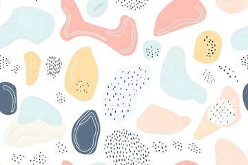 Abstract organic shapes in soft pastel tones, overlapping in a minimalist pattern, seamless on a white background