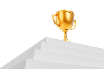 Golden trophy placed at the peak of a white staircase, isolated on a white background. Concept of success, achievement, leadership, and victory. 3D Rendering