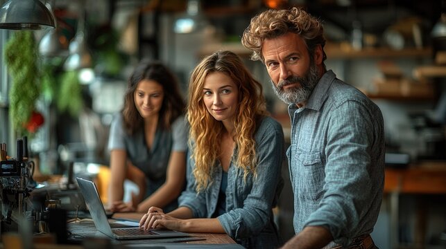 A group of three individuals stands around a kitchen island, engaged in discussion.