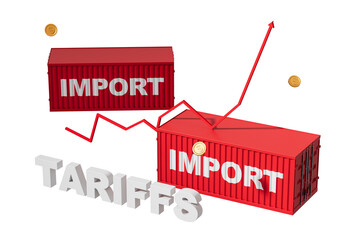 Fototapeta premium Red shipping containers labeled IMPORT with an upward economic arrow, coins, and TARIFFS text on a white background. Concept of trade and taxation. 3D Rendering
