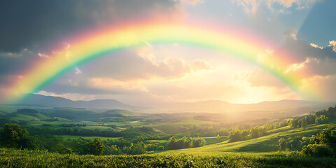 Naklejka premium Realistic Rainbow Over a Peaceful Countryside After Rain for Nature Art, Inspirational Scenery, or Landscape Design