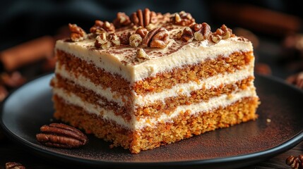 Moist carrot cake slice topped with creamy frosting and pecans