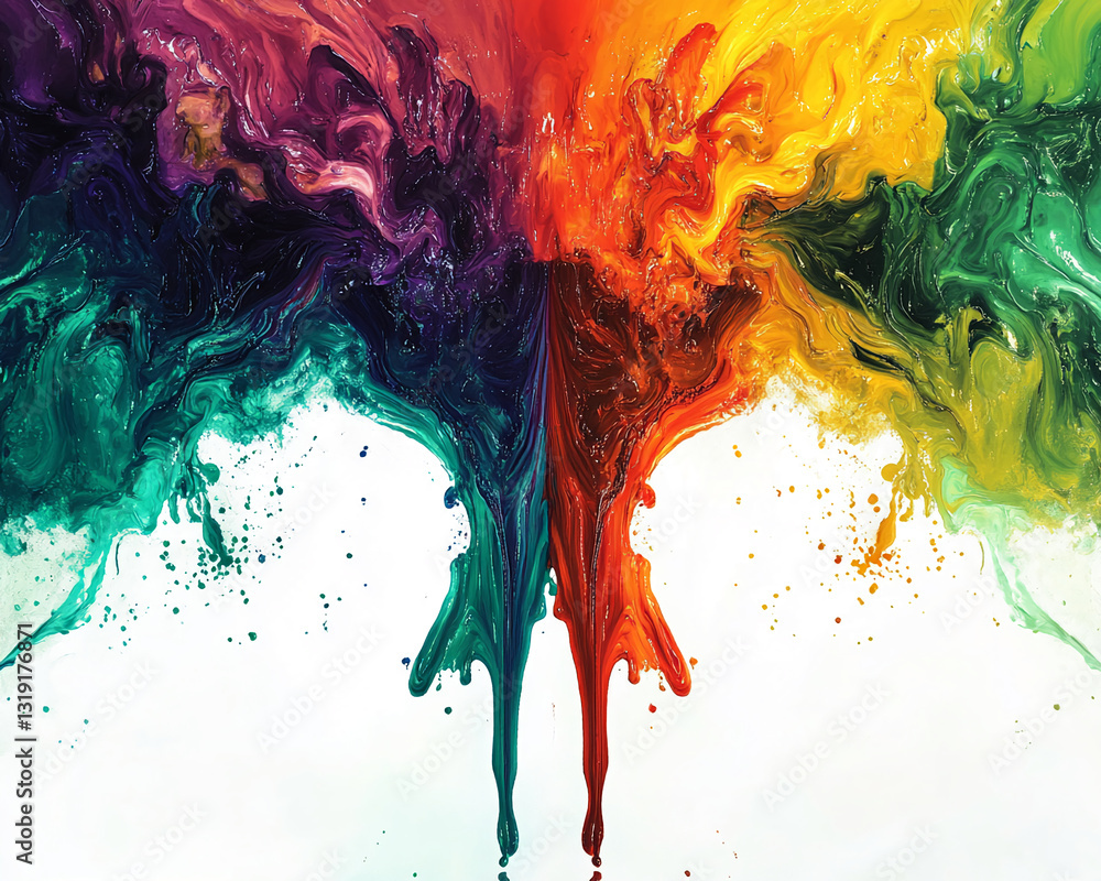 Aufkleber Abstract image of vibrant multicolored paint flowing and splashing, creating dynamic texture and color blends, showcasing creative energy and artistic expression, ideal for design projects