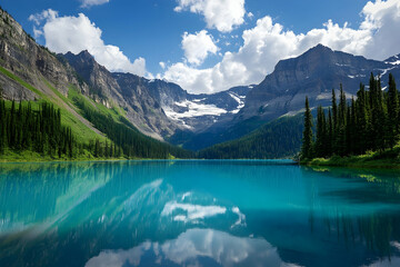 A breathtaking turquoise lake reflecting towering mountains and evergreen forests