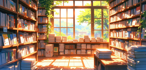 anime wallpaper illustration background, Cozy Sunlit Bookstore with Stacked Books and Large Windows..