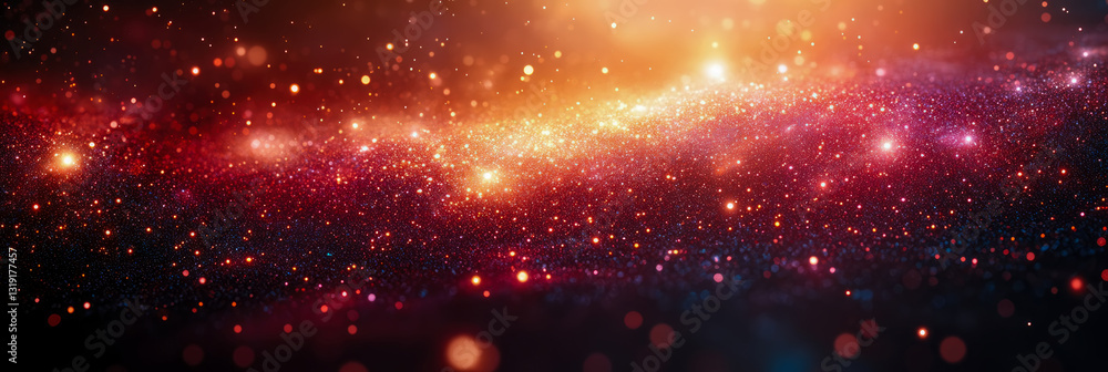 Poster cosmic dust in deep space: nebulae and stellar clusters shimmering with a red and orange glow, a cel