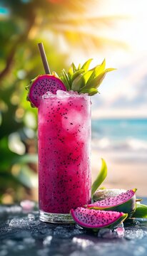 dragon fruit margarita cocktail in a glass at a bar on the beach