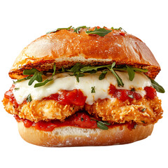 A Crispy Chicken Parmesan Sandwich with Marinara Sauce Isolated on Transparent Background