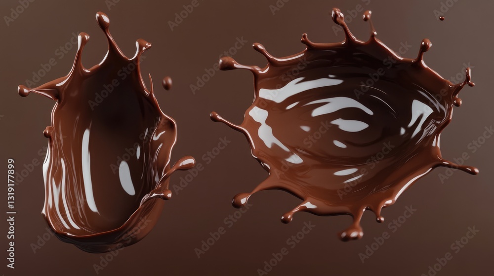 Poster two chocolate splatters on a brown background. the splatters are in different sizes and shapes. scen