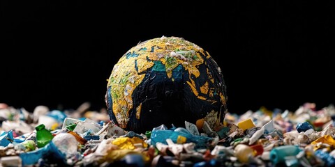 The Earth globe is surrounded by garbage, emphasizing the environmental damage caused by pollution.
