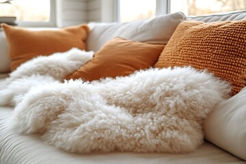 A cozy white sofa is decorated with pillows and a fur throw