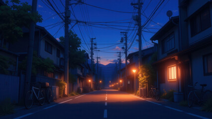 Obraz premium anime wallpaper illustration, Tranquil Suburban Street at Dusk with Warm House Lights and Street Lamps..