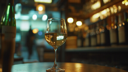 Obraz premium Glass of white wine at a cozy bar with warm lighting pub gold blur life drink night table brown bokeh