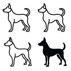 A collection of silhouettes featuring dogs, black and white cats, and black cats in various poses, including a Doberman and other animals like goats and horses, designed as simple vector illustrations