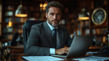 A businessman in a suit is seated at a desk, writing in a notebook with a pen in his right hand while using a laptop with his left hand.