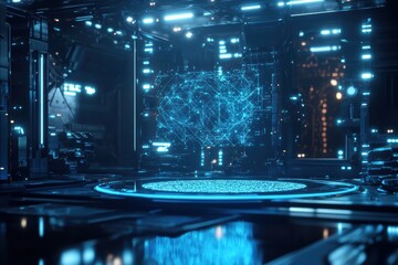 Highly detailed sci-fi-inspired 3D holographic artificial neural network being analyzed in a high-tech lab with futuristic blue light