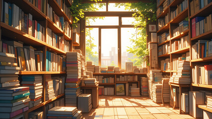 anime wallpaper illustration background, Cozy Sunlit Bookstore with Stacked Books and Large Windows..