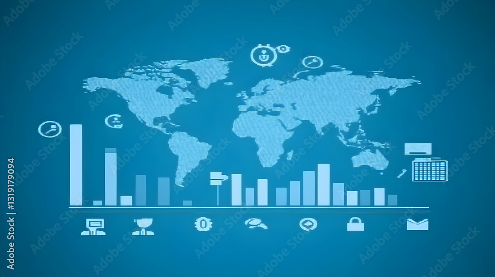 Poster global business data visualization; world map with bar charts & icons representing diverse business 