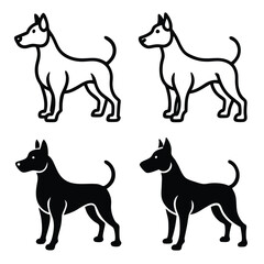 A collection of silhouettes featuring dogs, black and white cats, and black cats in various poses, including a Doberman and other animals like goats and horses, designed as simple vector illustrations