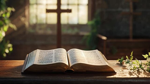 Serene Spirituality An Open Book on Wooden Table Bathed in Sunlight, with Cross and Greenery Framing Peaceful Nature Scene by Window