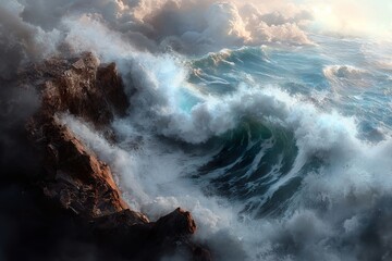 Vibrant strokes of blue, green, and white illustrate churning waves colliding with dark cliffs against a moody sky filled with storm clouds, evoking maritime drama and intensity