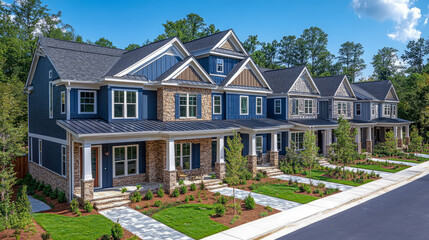 Modern row of upscale townhouses, suburban living and homeownership