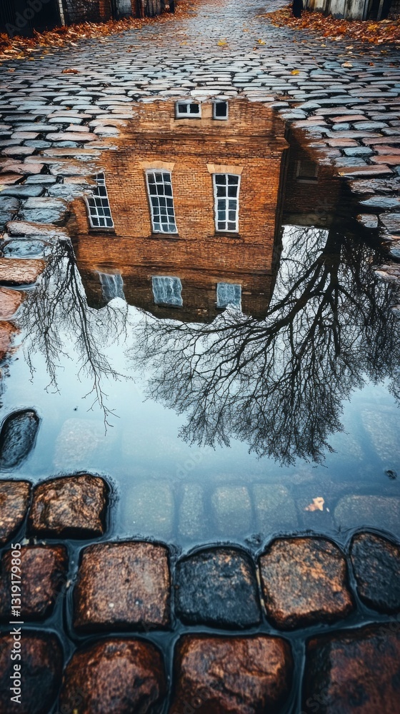 Poster puddles gather on cobblestones as the last light of day illuminates a charming brick building, mirro