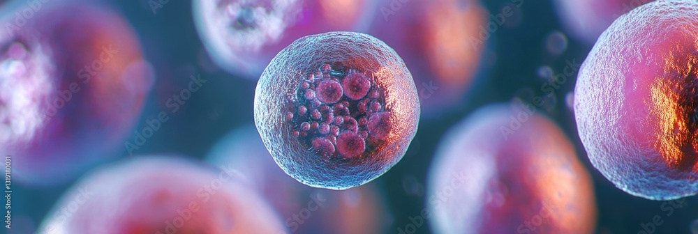 Poster a close up of a group of pink and blue cells. the cells are arranged in a way that creates a sense o