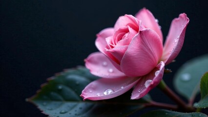 Fototapeta premium A Delicate Pink Rose Blossom with Morning Dew A Close-Up Study of Nature's Beauty
